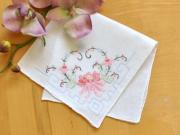 Set of 3 Pink Peony Embroidered Ladies Handkerchiefs