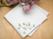 Set of 3 White Daisy Bouquet Handkerchiefs w/ Sage