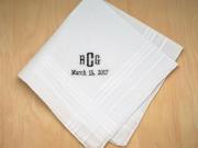 Mens Monogrammed Wedding Hankie w/ 3 Initials Date - Font E