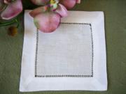 1 Dozen White Hemstitched Linen Cocktail Napkins