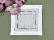 1 Dozen White Hemstitched And Drawnwork Linen Cocktail Napkins