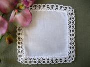 1 Dozen White Linen Cocktail Napkins with Tatting Lace Edges