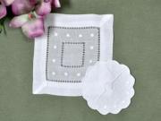 Set of 8 Embroidered Dot Linen Cocktail Napkins and Wine Footies