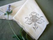 1 Dozen Ecru Dinner Napkins with Embroidered Peony