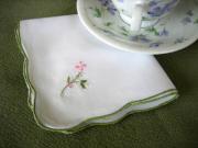 1 Dozen White Embroidered Flower Tea Napkins with Sage Edging