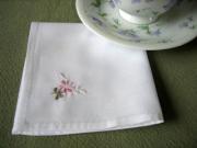 1 Dozen White Tea Napkins with a Pink Embroidered Daisy