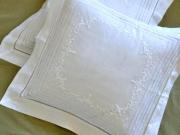 Pair of White Linen Throw Pillow Covers with Scroll Embroidery