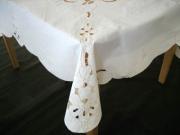 72" X 108" White Oval Tablecloth with Floral Cutwork