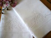 Set of 2 Linen Guest Bath Towels with a Floral Cutwork Design