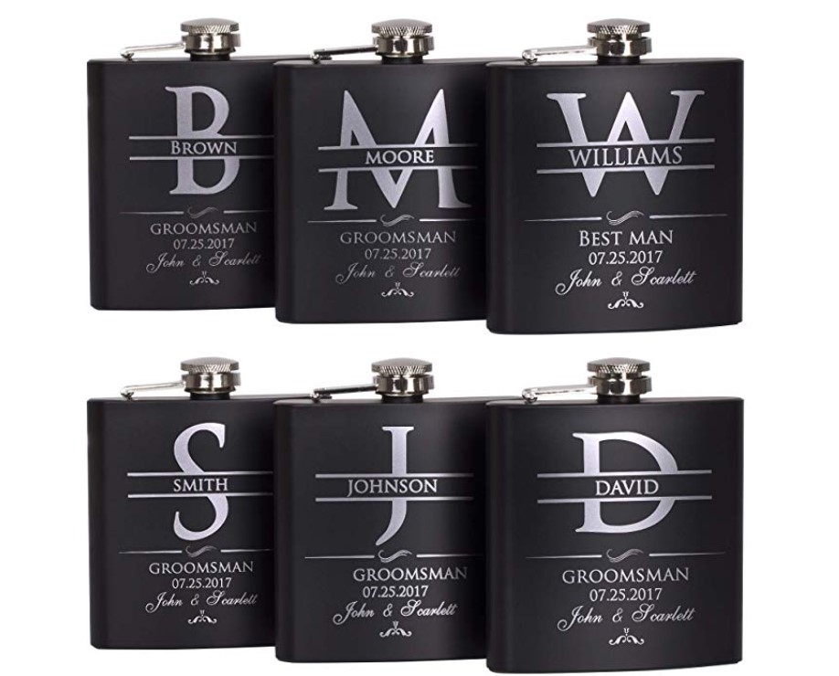 Monogrammed Groomsmen Gift Set of 10 Personalized Black Stainless Steel Hip Flasks 7 ounce Custom Engraved Design with Gift Box