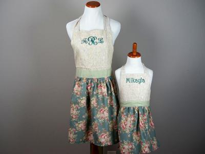 Mother and Daughter Stormy Blue Lace Apron Set