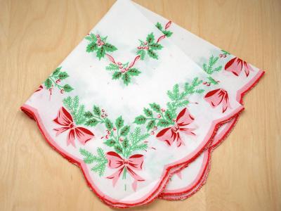 Vintage Inspired Holiday Holly Bows Print Hankie