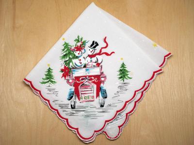 Vintage Inspired Christmas Driving Snowman Print Hankie