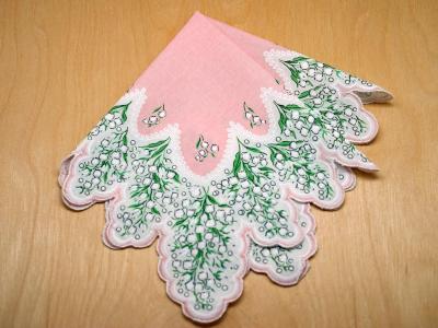 Vintage Pink Lily of the Valley Handkerchief with Scallop Edges