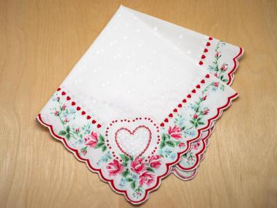 Vintage Romantic White Hankie with Heart and Floral Border