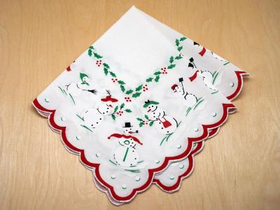 Vintage Snowman Handkerchief with Holly