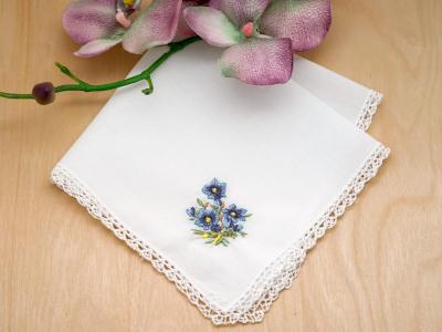 Set of 3 Morning Glory Embroidered Handkerchiefs with Lace