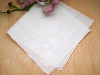 Set of 3 White Peony Design Wedding Handkerchiefs