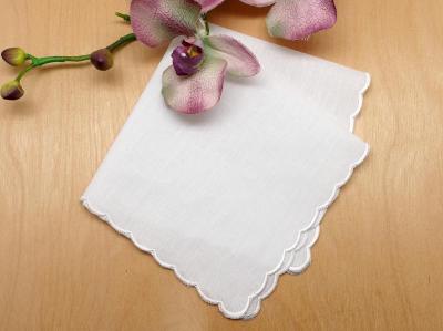 Set of 3 White Wide Scallop Edge Ladies Handkerchiefs