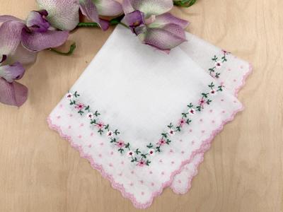 Swiss Delicate Pink Floral Trim Embroidered Handkerchief