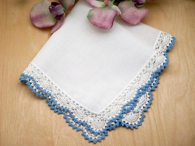 Swiss Blue Tip Scallop Crochet Lace Handkerchiefs