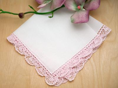 Set of 3 Pink Scallop Crochet Lace Handkerchiefs