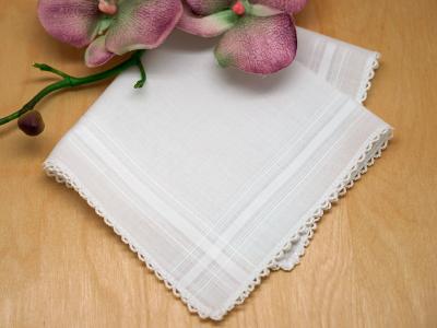 Set of 3 White Ladies Striped Tatted Lace Handkerchiefs