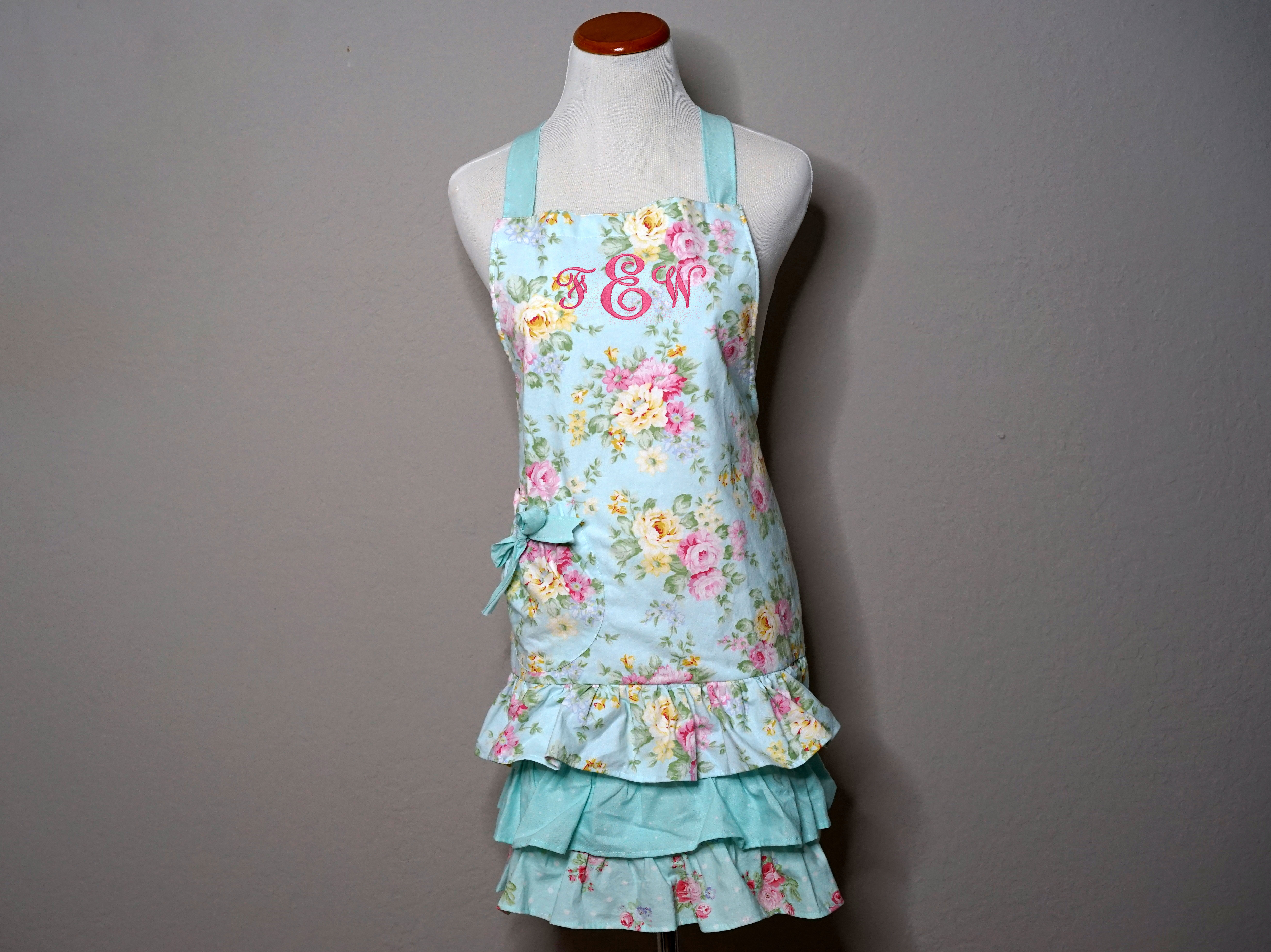 Pastel Blue Floral Apron with Double Ruffle Skirt & Bow Accent