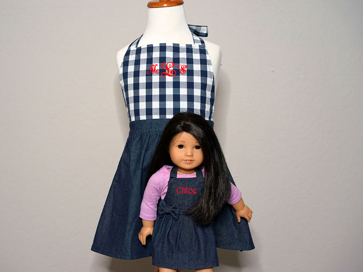 Girl and Doll Matching Gingham Denim Apron Set