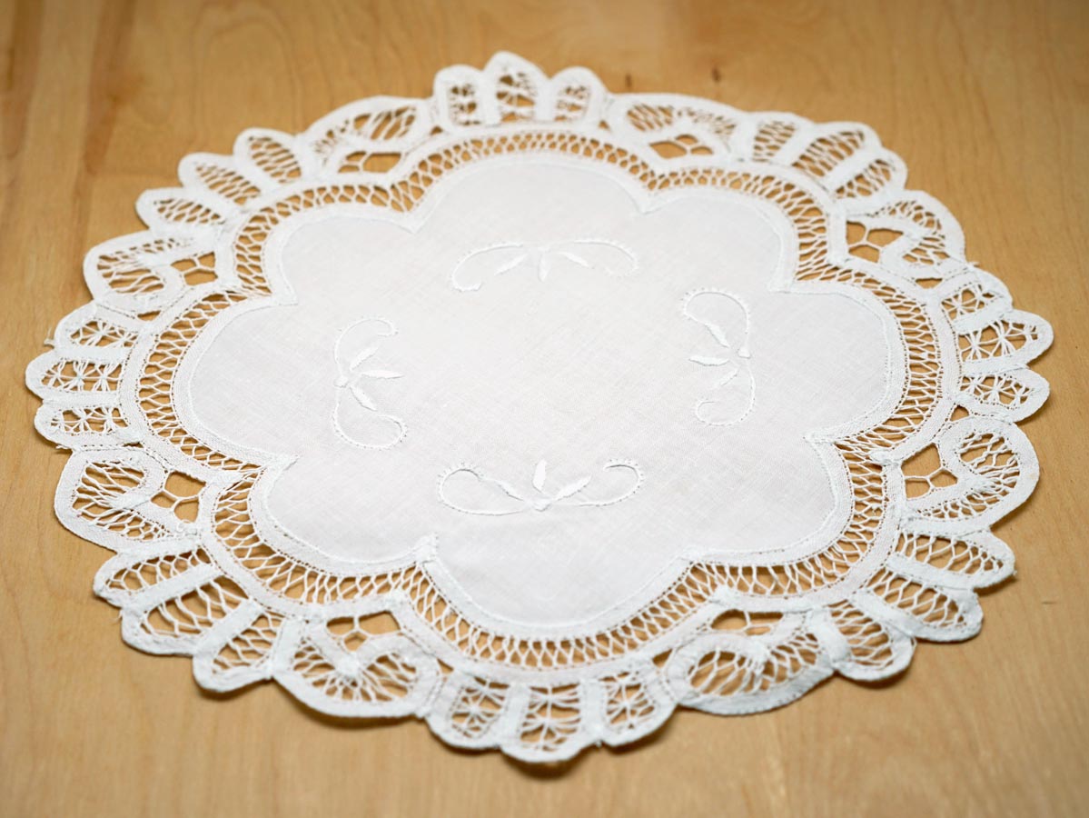 White Battenburg Lace Round Doily with Flowers