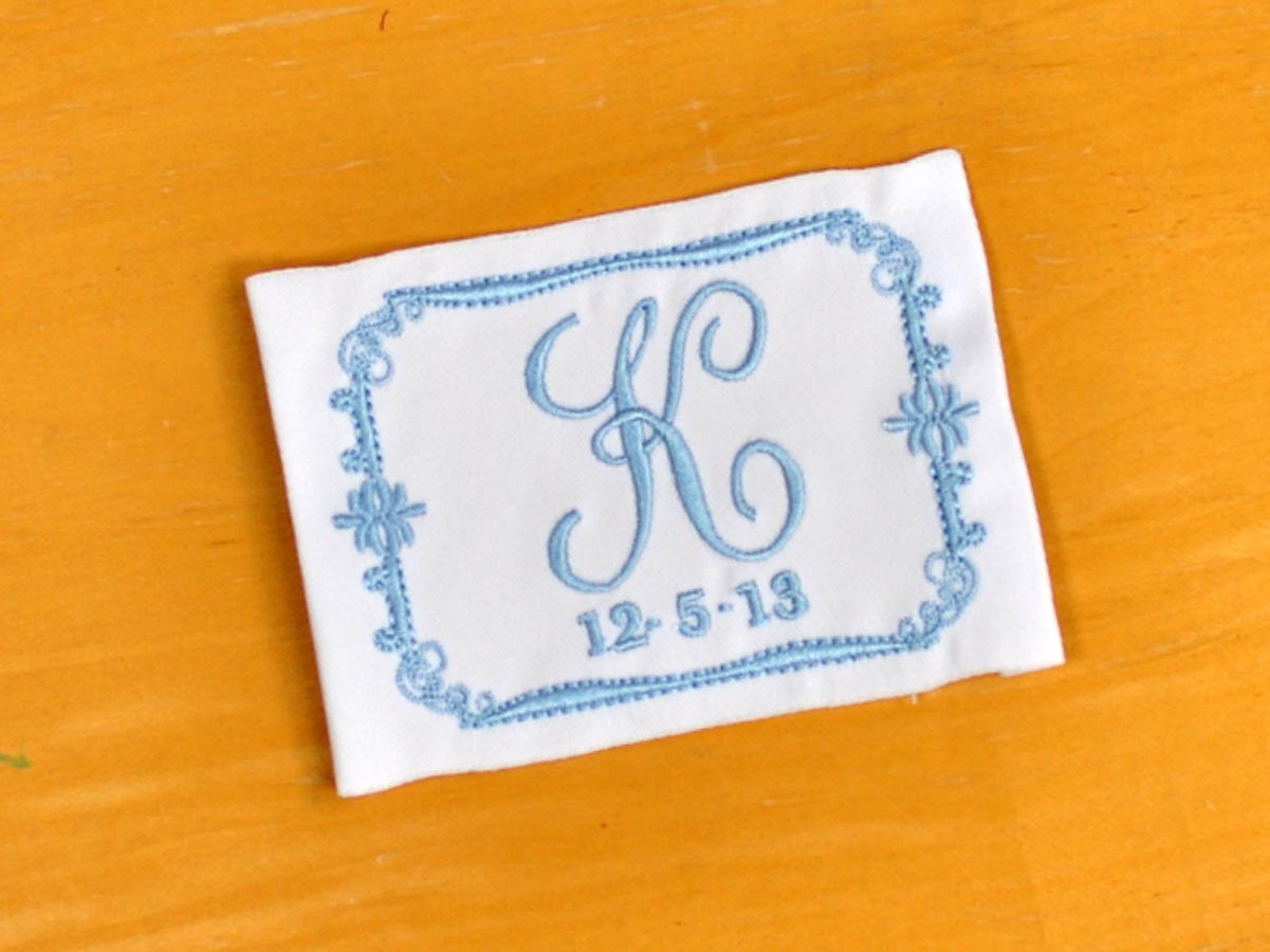 Scroll Monogrammed Wedding Dress Label w/ 1 Initial and Date