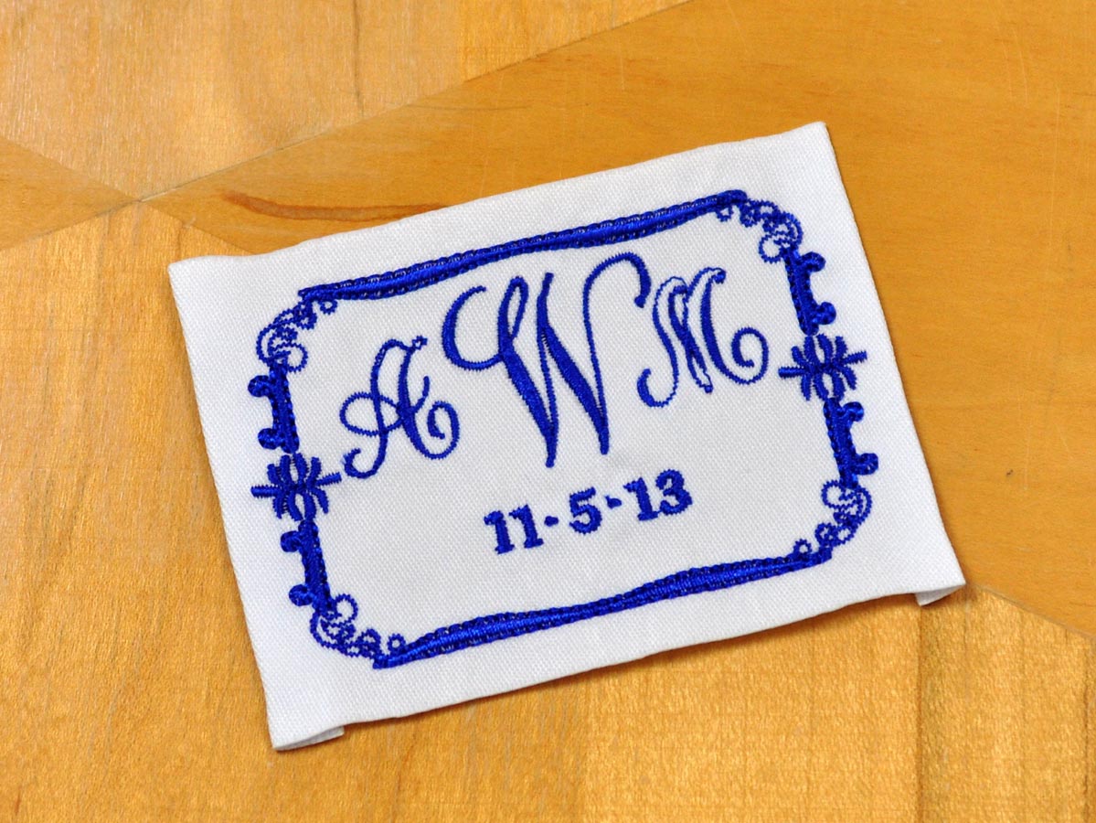 Scroll Monogrammed Wedding Dress Label w/ 3 Initial and Date