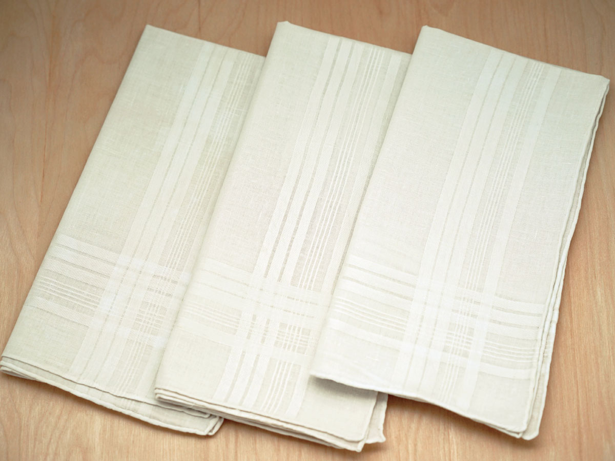Set of 3 Ivory Mens Handrolled Handkerchiefs with Satin Stripes