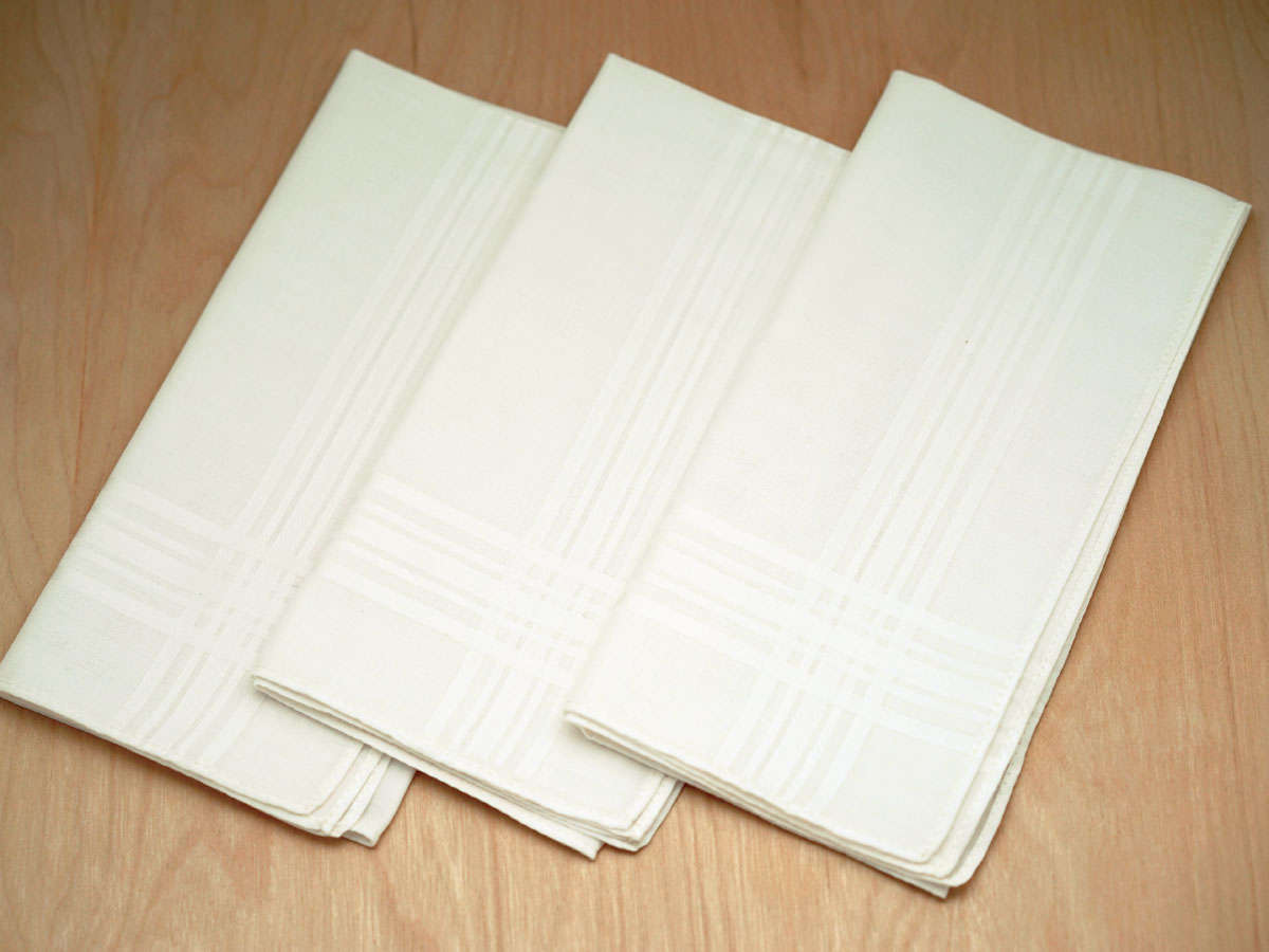 Set of 3 Ivory Woven Mens Handkerchiefs with Thin Satin Stripes
