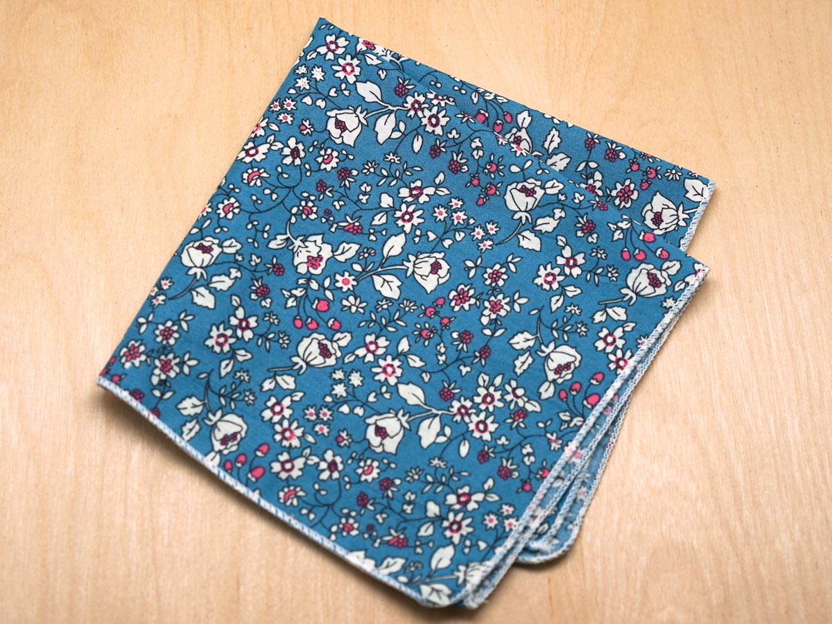 Classic Blue Ladies Handkerchief with Pink Flowers
