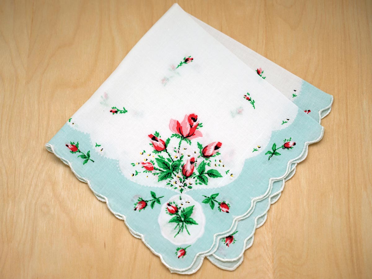 Vintage Inspired Sky Blue Rose Print Hankie
