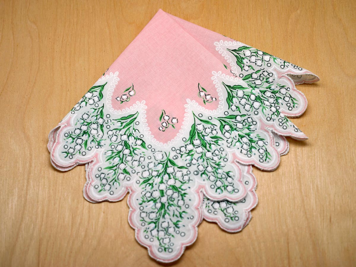 Vintage Pink Lily of the Valley Handkerchief with Scalloped Edge