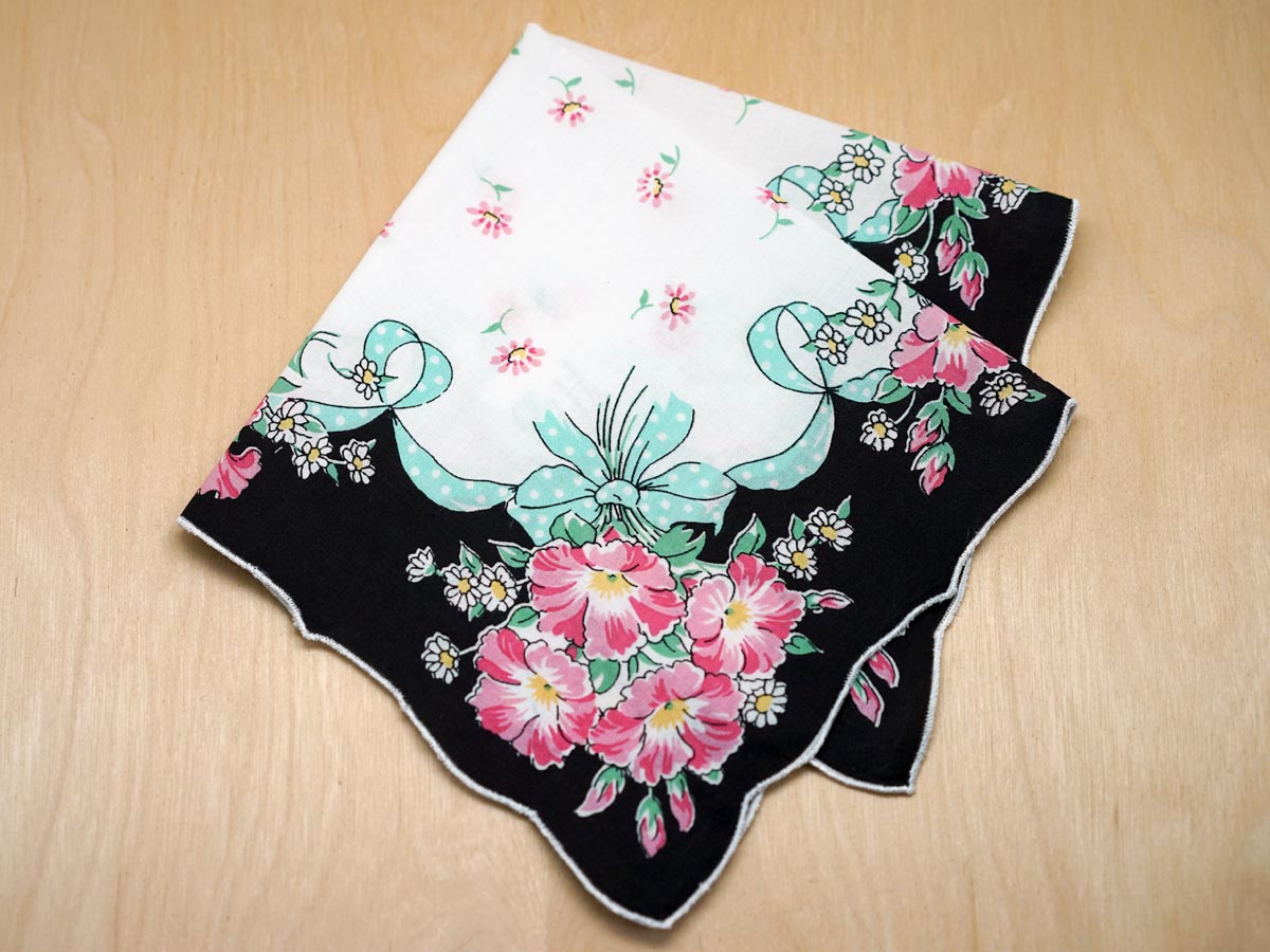 Vintage Black and White Hankie with Floral Bouquet & Ribbon