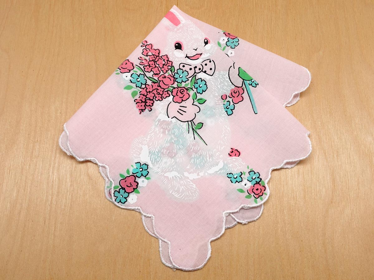 Vintage Inspired Pink Floral Easter Bunny Print Hankie