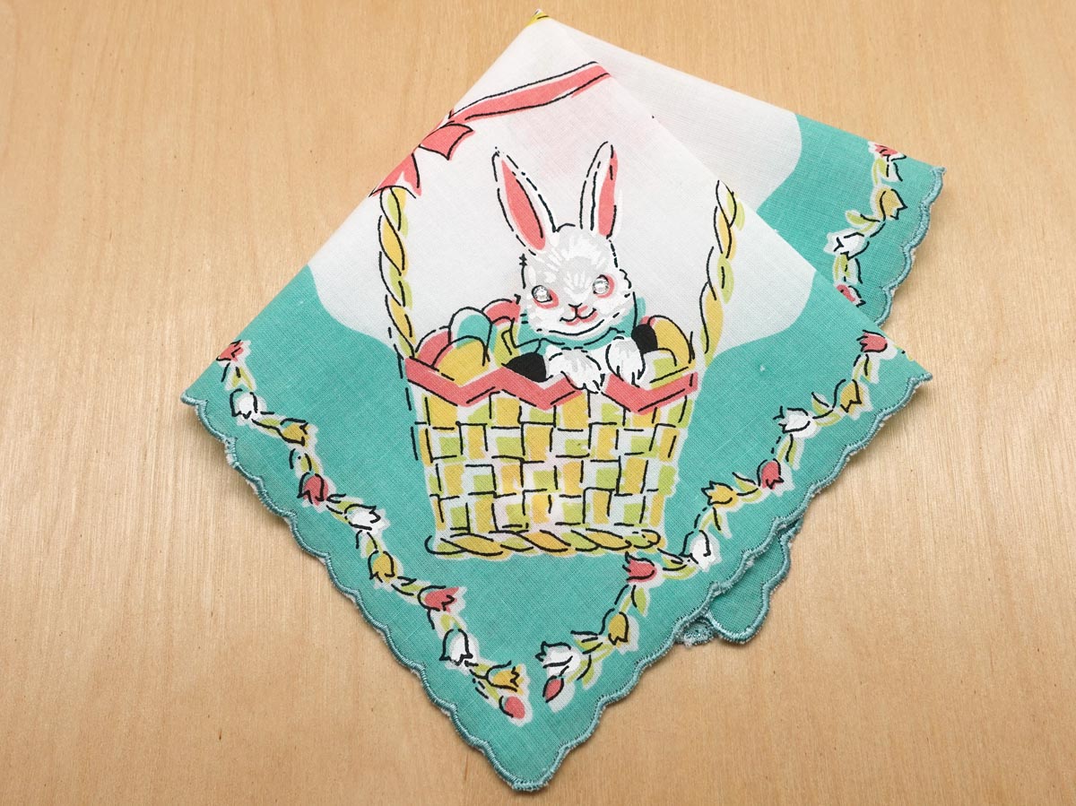 Vintage Inspired Easter Bunny Basket Handkerchief