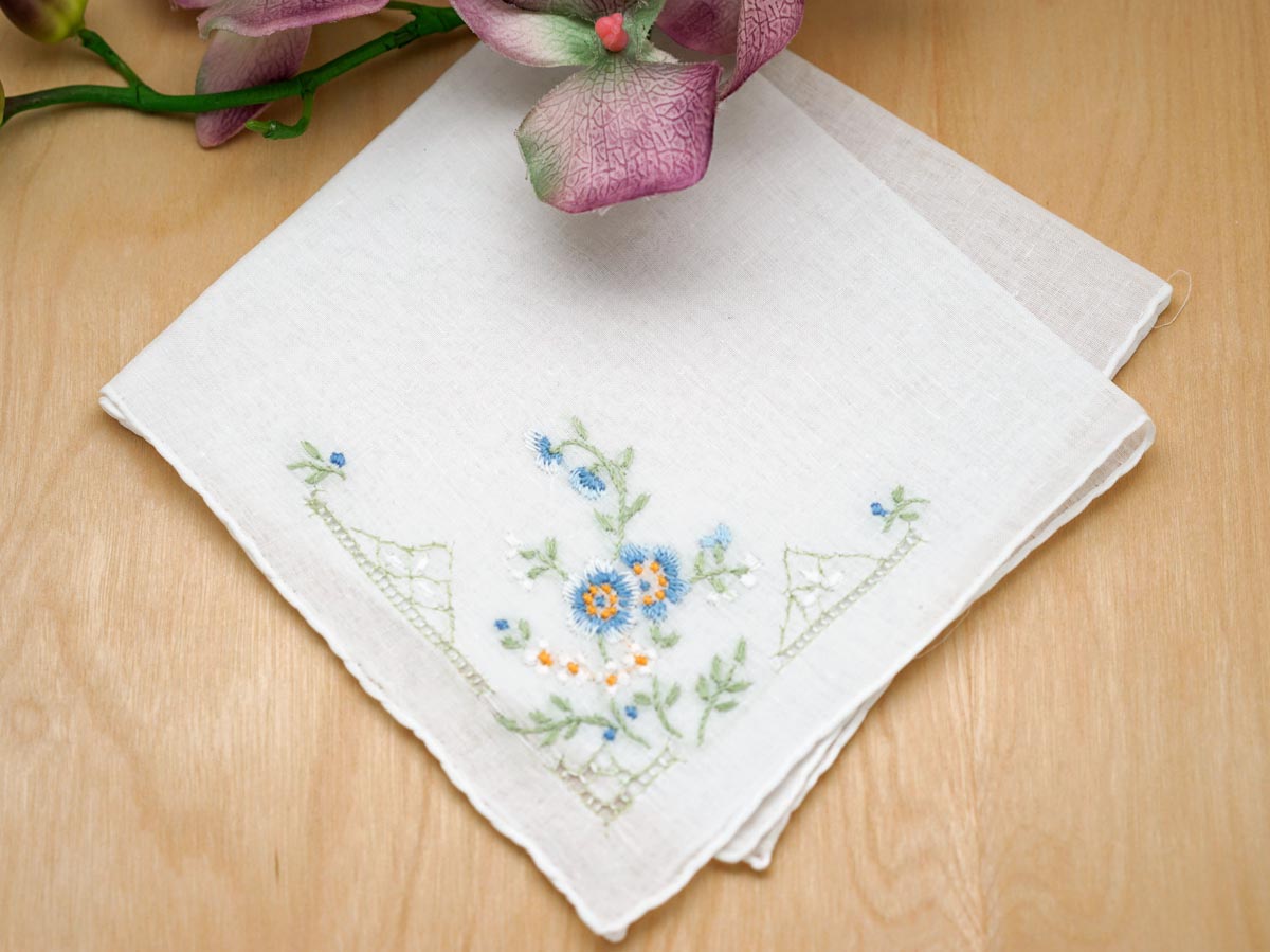 Set of 3 Something Blue Flower Bridal Handkerchiefs