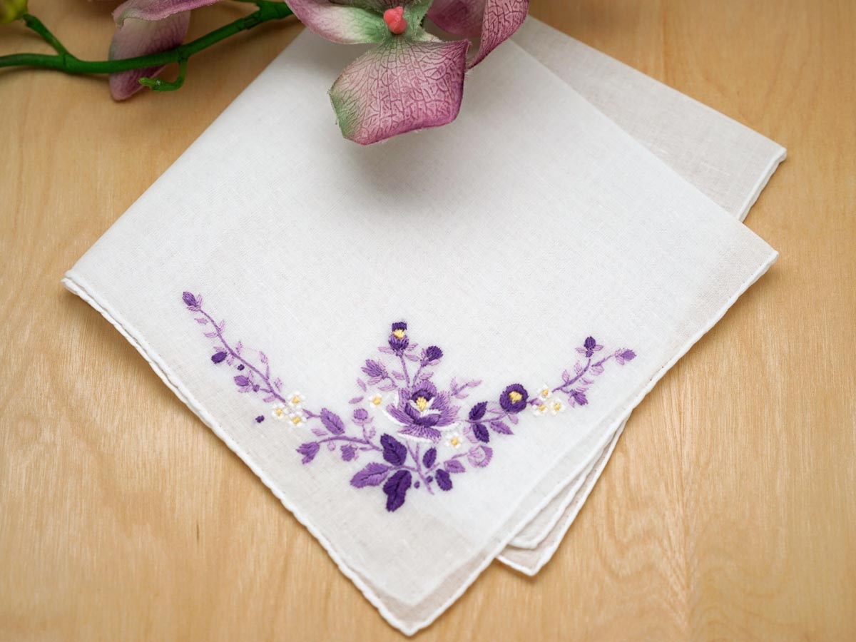 Set of 3 Purple Rose Wedding Handkerchiefs