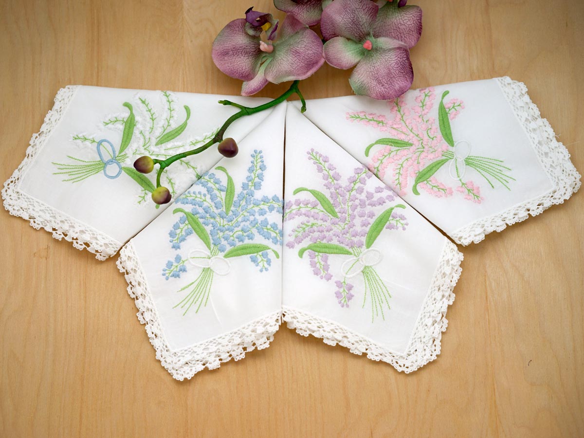 Set of 4 Colorful Lily of the Valley Hankies with Lace