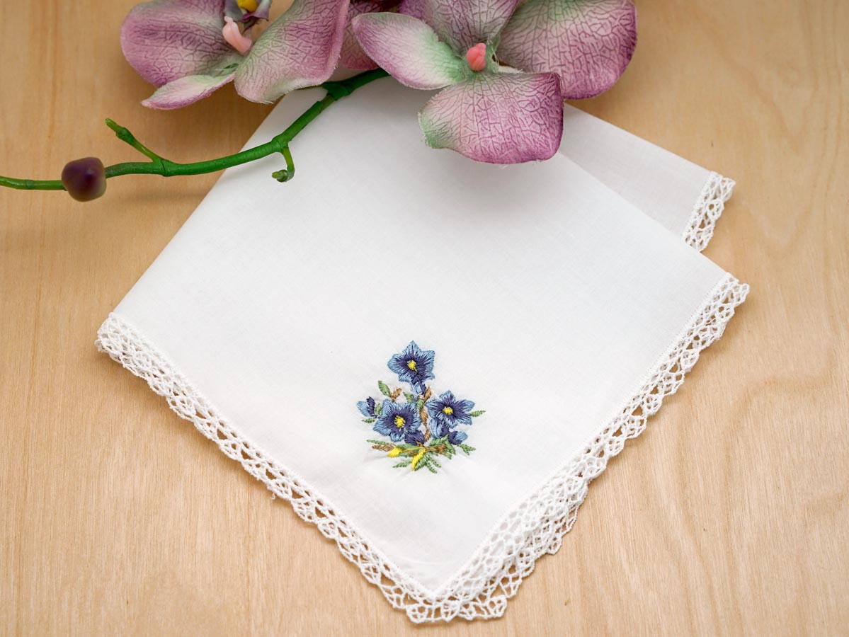Set of 3 Morning Glory Embroidered Handkerchiefs with Lace