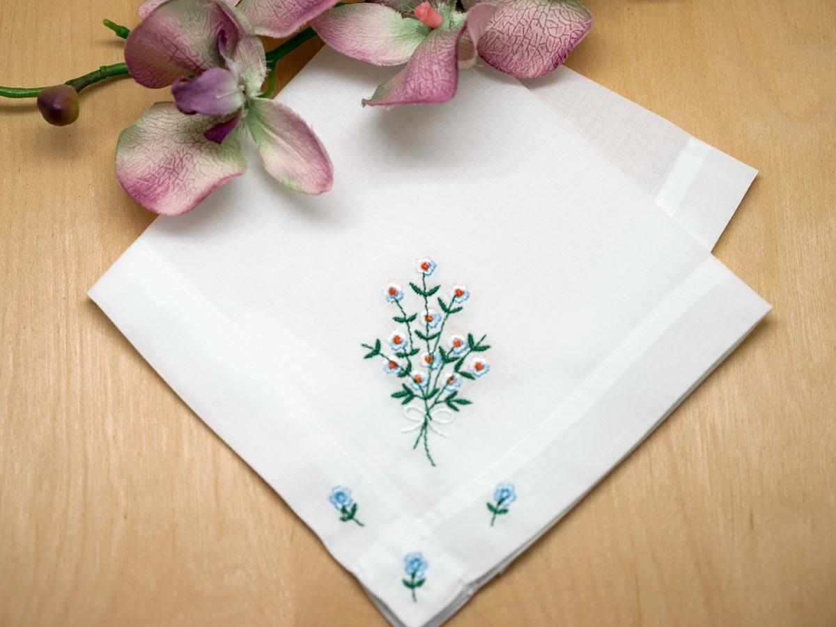 Delicate White Handkerchief with Blue and White Flowers