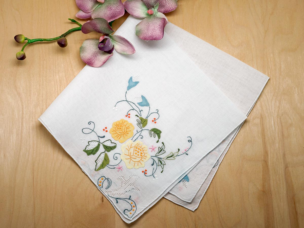 Set of 3 Yellow Rose Handkerchiefs with Delicate Floral Vines