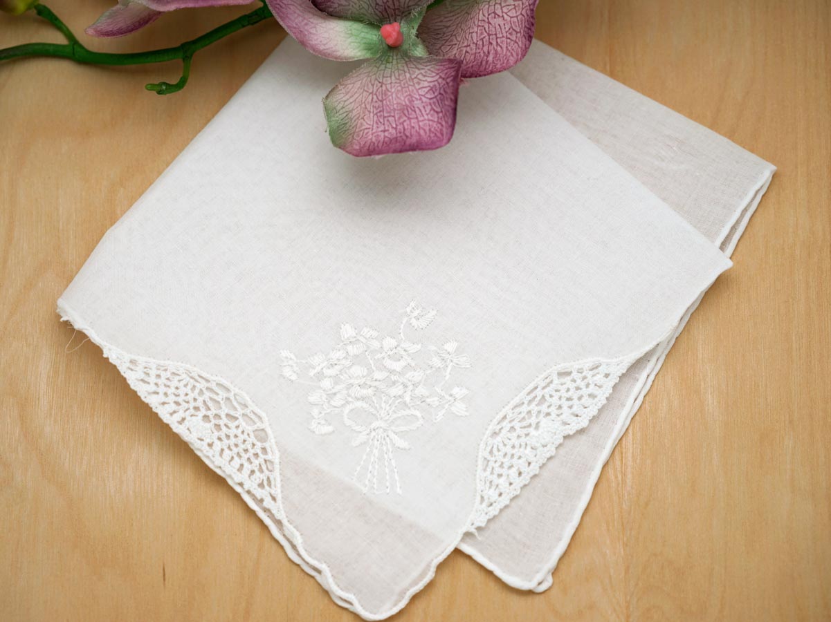 Set of 3 White Embroidered Handkerchiefs with Lily of the Valley
