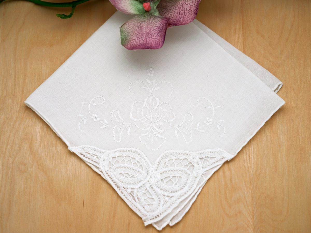 Set of 3 White Battenburg Lace Corner Handkerchiefs with Roses