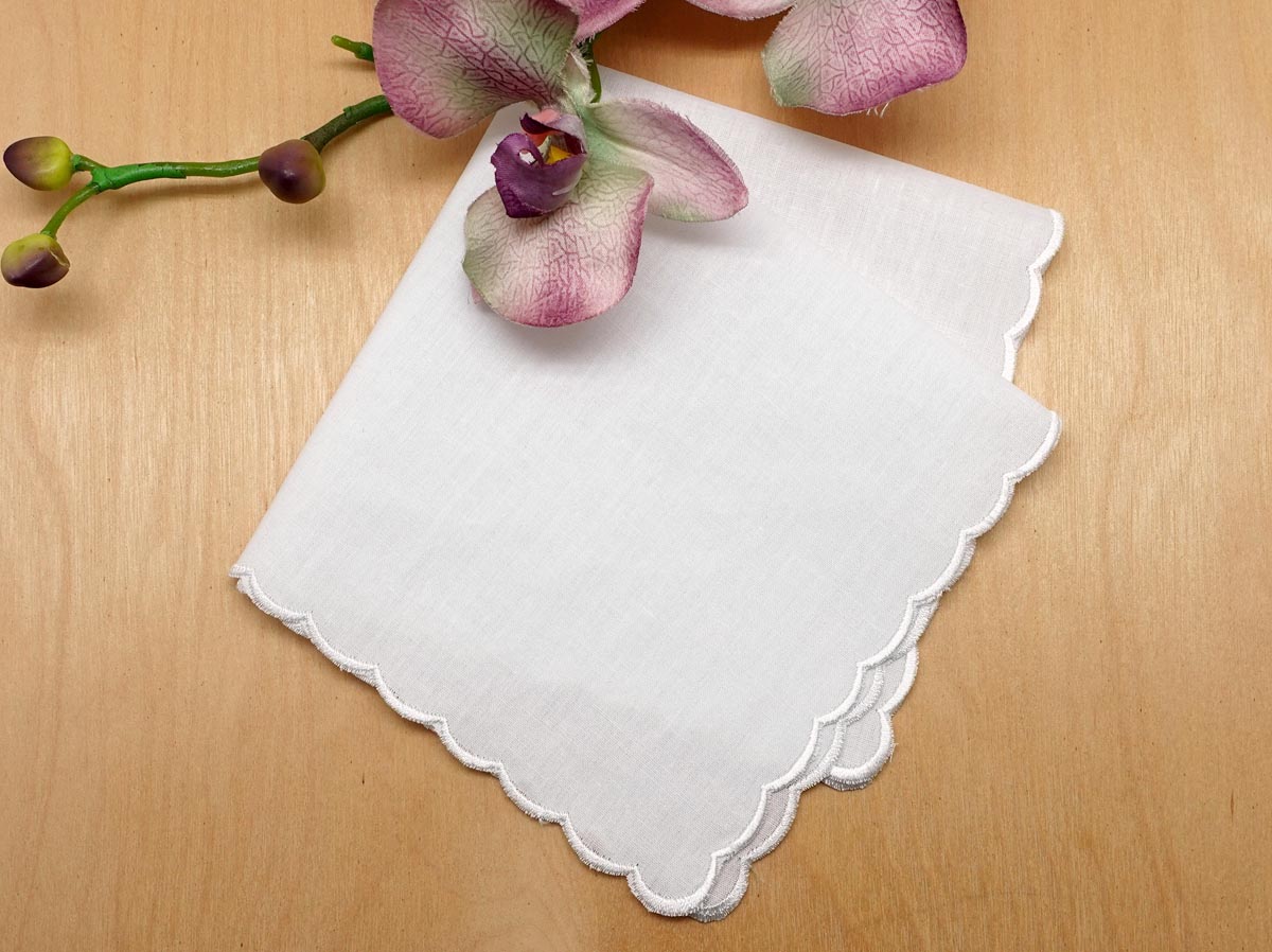 Set of 3 White Wide Scallop Edge Ladies Handkerchiefs