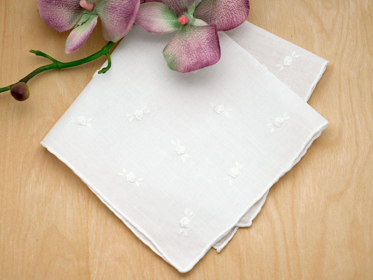 Set of 3 White Ribbon Rose Ladies Handkerchiefs